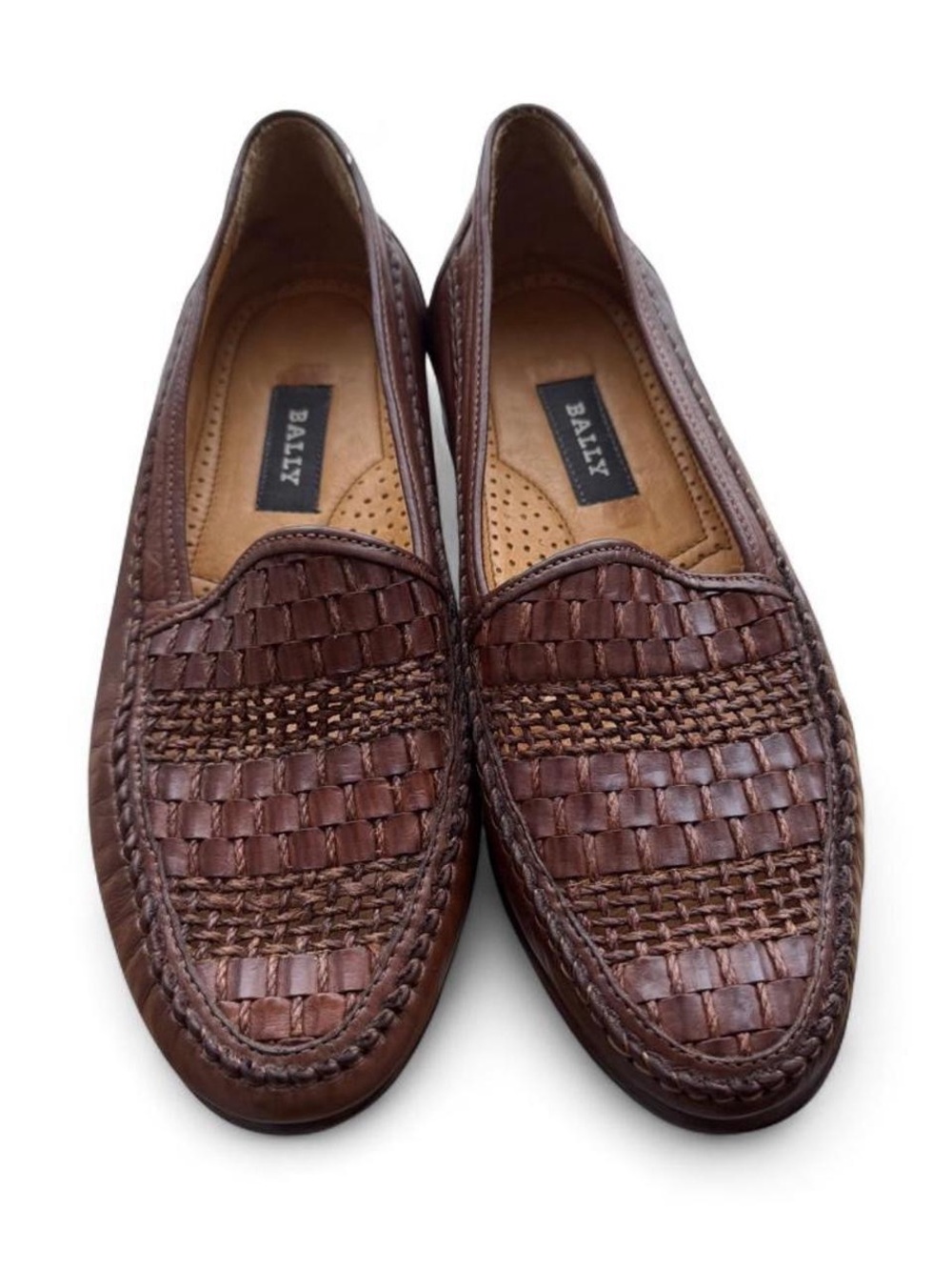 Vintage Bally Brown Woven Leather Slip-On Loafers